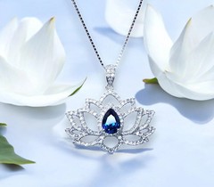 Blue Sapphire Necklace Lotus Flower Style Water lily Pendant 18KGP @ Sterling