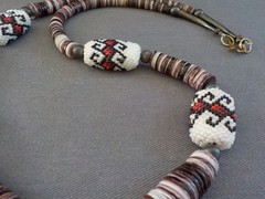 Woven Seed Bead Pendant Necklace Sterling Silver Handmade Shell Disc Pearl