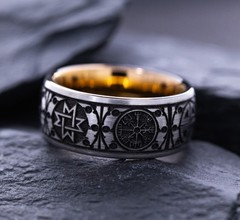 8mm Rose Gold Plated Tungsten Carbide Ring with Engraved Norse Viking Symbols an