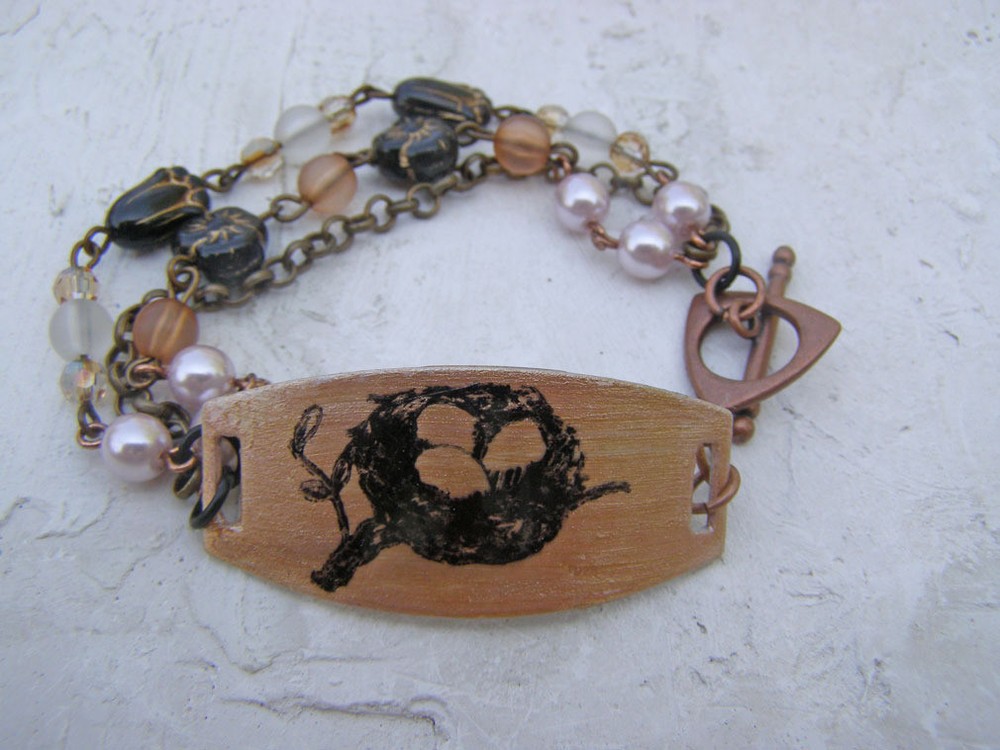 Bird Nest Egg Nature Inspired Multi Strand Flower Chain Bead Bracelet Artisan