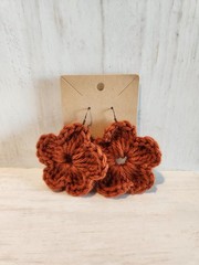 Handmade Croched Burnt Orange Flower Dangle Earrings Made With Nickel Free Hooks