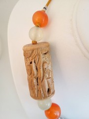 Artisan necklace silverplate bells carved wood beads Peking glass enameled clasp