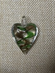 Artisan Hand Made Lampwork Glass Flower Green & Gold Tone Glitter HEART Pendant