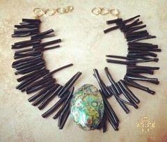 Abalone Paua Puffy Natural Pendant Statement Chunky Necklace Branch Black Coral
