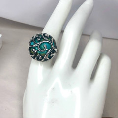 BARSE Turquoise Cabochon Sterling Silver Scroll Cage Ring Sz 7-1/2 VINTAGE