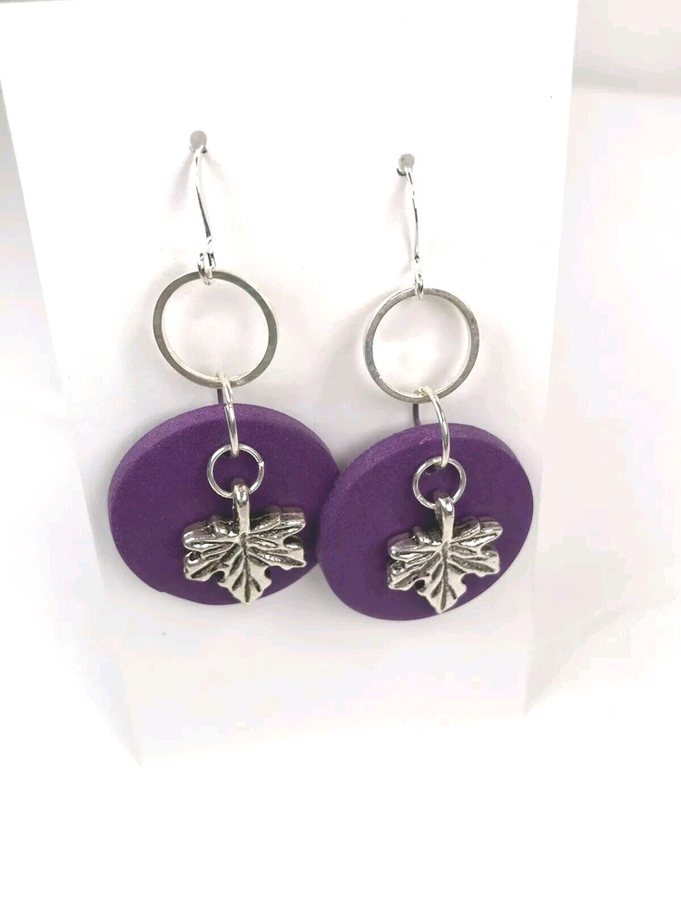 Handmade Purple Clay Leaf Hoop Earring, Silver Plated Hooks