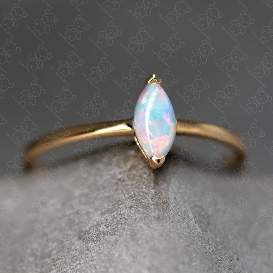 Minimalist Marquise Australian Solid Opal Engagement Ring in 14K Yellow Gold