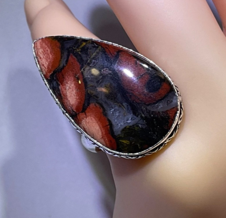 Brecciated Natural Red Jasper HUGE 925 Sterling Silver Ring 32x19mm Size 8.5