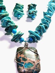 Jewelry Set Turquoise Beads wire-wrapped Agate Pendant Handmade