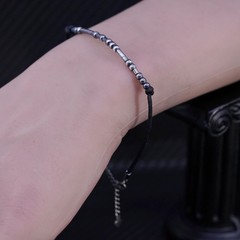 7+1.5”, Vintage Sterlng Silver bead Bracelet with black linen thread and beads