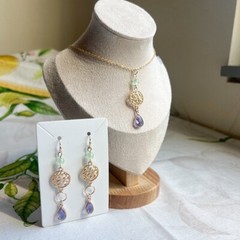 Jewelry Set Nature Inspired Leaf Tree Branch Pendant Lavender Jade Boho Casual