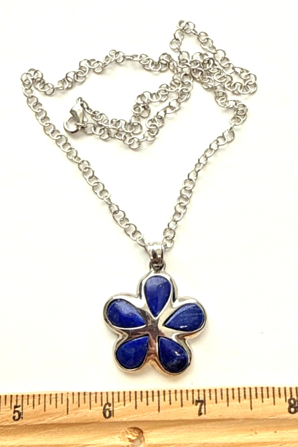 Rhodium 1 1/4″ Lapis Floral Pendant 18″ Rolo Necklace OA5