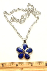 Rhodium 1 1/4″ Lapis Floral Pendant 18″ Rolo Necklace OA5