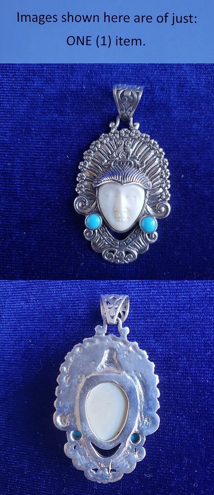 925 Silver Goddess Carved Moon Face Sleeping Beauty Turquoise Pendant 25pt341