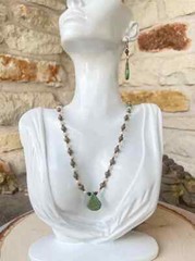 New Handmade Green Turquoise and Real Pearls Necklace and Earrings Jewelry Set