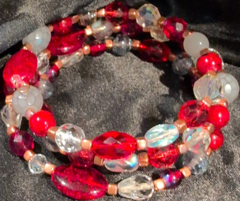 Handcrafted Red Clear White Glass Beaded Wrap Bracelet on memory wire #126