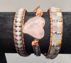 Boho Rose Quartz Stone Heart Beaded 3-Layer Adjustable Rope Wrap Bracelet