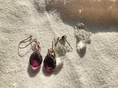 3 pairs Briolette purple glass , blue and clear crystal Drop Earrings