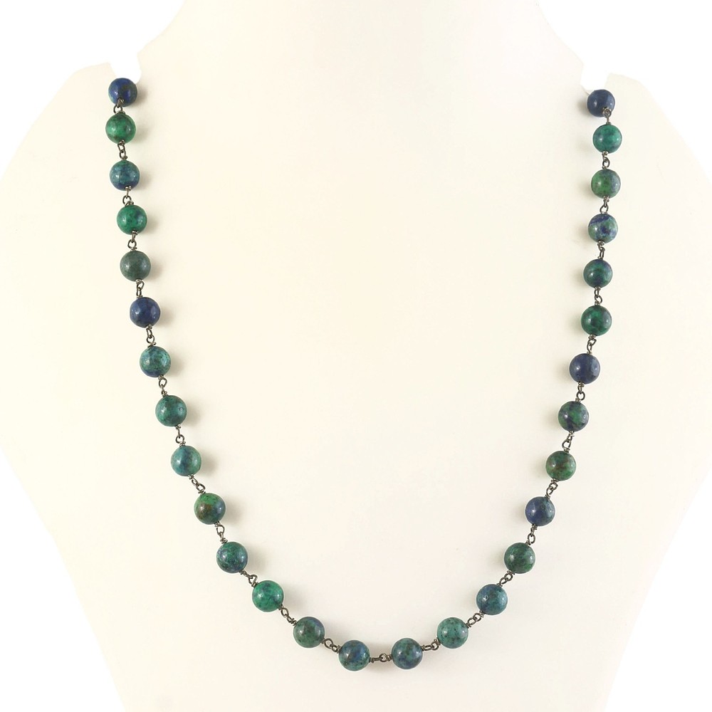 Natural blue and green azurite Necklace 30″ Gemstone 8mm in 925 Sterling Silver