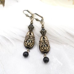 Black Victorian Earrings: Antique Brass Filigree, Acrylic Bead Dangle Jewelry