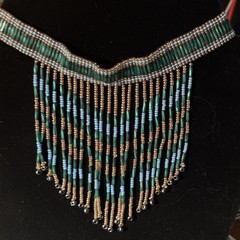 Handcrafted Beaded Fringe Necklace Green Blue Gold Glass Beads Beaded Loop 14″