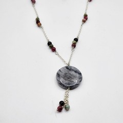 Natural Pink Green Tourmaline Beaded Boho 22″ Necklace Gray Jasper Pendant
