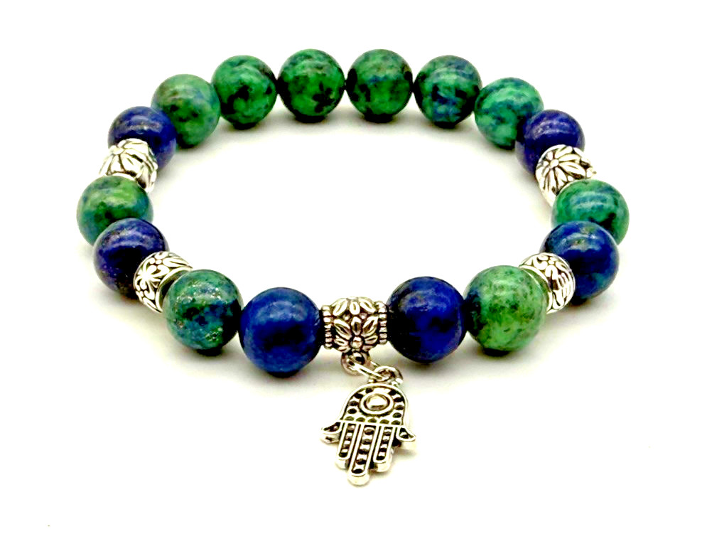 Handmade 10mm Eilat Stone & Silver Hamsa Hand Positive Energy Good Luck Bracelet