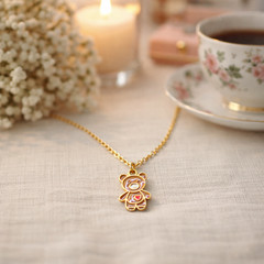 Teddy Bear Charm Necklace – Gold Plated Oval Cable Chain with Lobster Claw Clasp