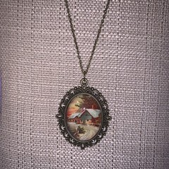 Cabochon Handmade Necklace With Winter Scene Bronze Chain And Pendant Tray