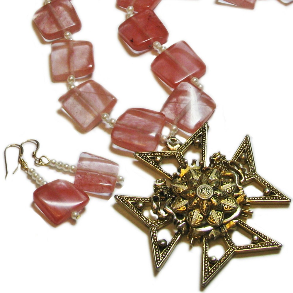 Reclaimed Treasures–Apricot Pink Glass Necklace and Earring Set By SoniaMcD