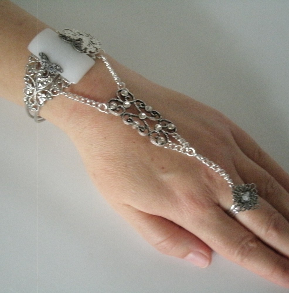 Moonstone Gothic Art Deco Renaissance Medieval Boho Hand Chain Slave Bracelet
