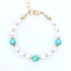 8mm Round Pearl & Kingman Turquoise Gold Fill Bracelet, Designer Jewelry
