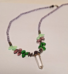 Multi-Gemstone Glass Art Necklace w/Leaves & Clear Quartz Pendant