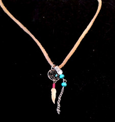 Brown Leather Rope Choker Necklace w/ Silver Dream Catcher & Beaded Chain Charms