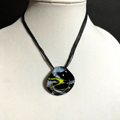 Blown Glass Pendant Black, White Yellow 1.75 in diameter 5 Strand Cord Choker