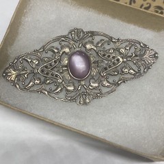 Signed BOMA Sterling Silver 925 Pink Moonstone Or MOP Marcasite Pin Brooch