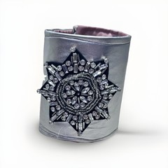 Wide Cuff Bracelet Silver Fabric Baroque Embellished Handmade OOAK Lined 6.5-7.5