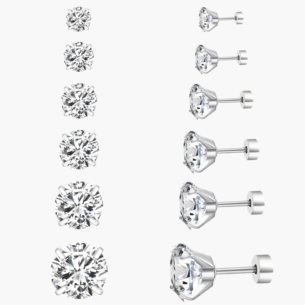 6-Pair Hypoallergenic Back Stud Earrings Set for Sensitive Ears, 316L Stainle…