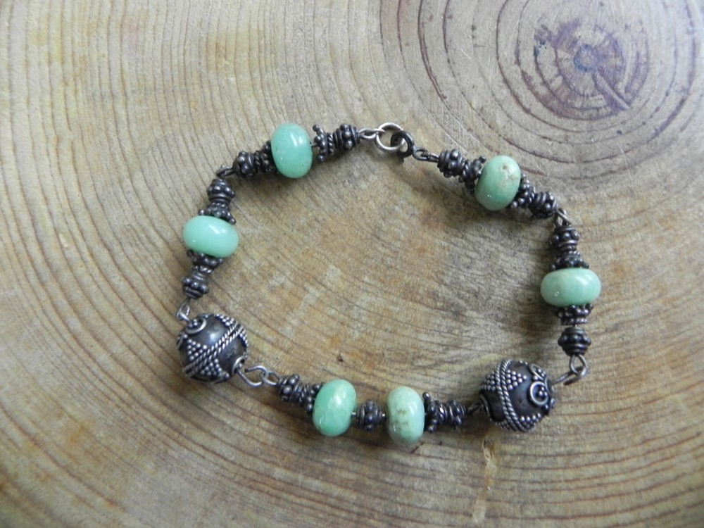 Peruvian Opal & Sterling Silver Bali Beads Bracelet 7 1/2″