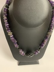 Vintage Artisan Purple Amethyst & Black Onyx Sterling Silver Necklace 27”