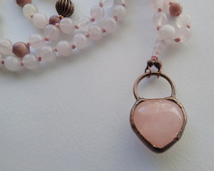 Mala 108 Beads, Rose Quartz & Rhodonite with pendant hand knotted Mala Necklace