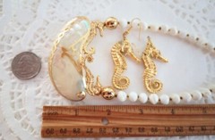 Vintage ? Unique Shell MOP ? Bead Seahorse Necklace & Earrings Set Lot Artisan