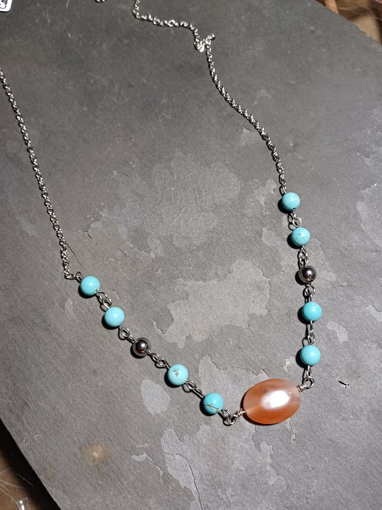 Carnelian, Howlite Gemstone Hand Beaded Necklace, Stainless Steel, Crystal