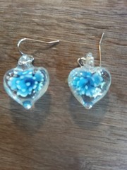 Art Glass Miliafiora Murano Style Hand Blown Glass Heart Earrings Blue Flowers