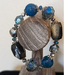 Blue Agate Faceted, Smoky Crystal and Oblong Stone Beaded Stretch Bracelet