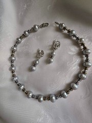 Natural Gray Freshwater Pearl Necklace Silver&Gold Rings 40cm + Earrings Gift