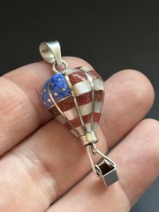 Sterling SIlver 925 Lapis, Coral, MOP Inlay Hot Air Balloon USA Flag Pendant WOW