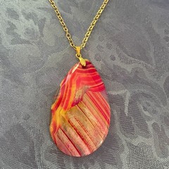 Striped Dragon Vein Agate Necklace 18″ Red Yellow Orange Teardrop 55x35mm beawen