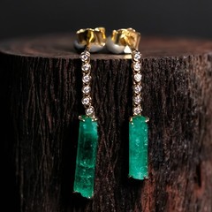 Colombian Raw Emerald Diamond Drop Earrings in 14K Yellow Gold