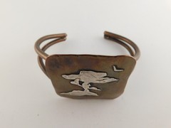 COPPER STERLING CUFF MIXED METAL BRACELET SPLIT CUFF TREE BIRD ABSTRACT SILVER